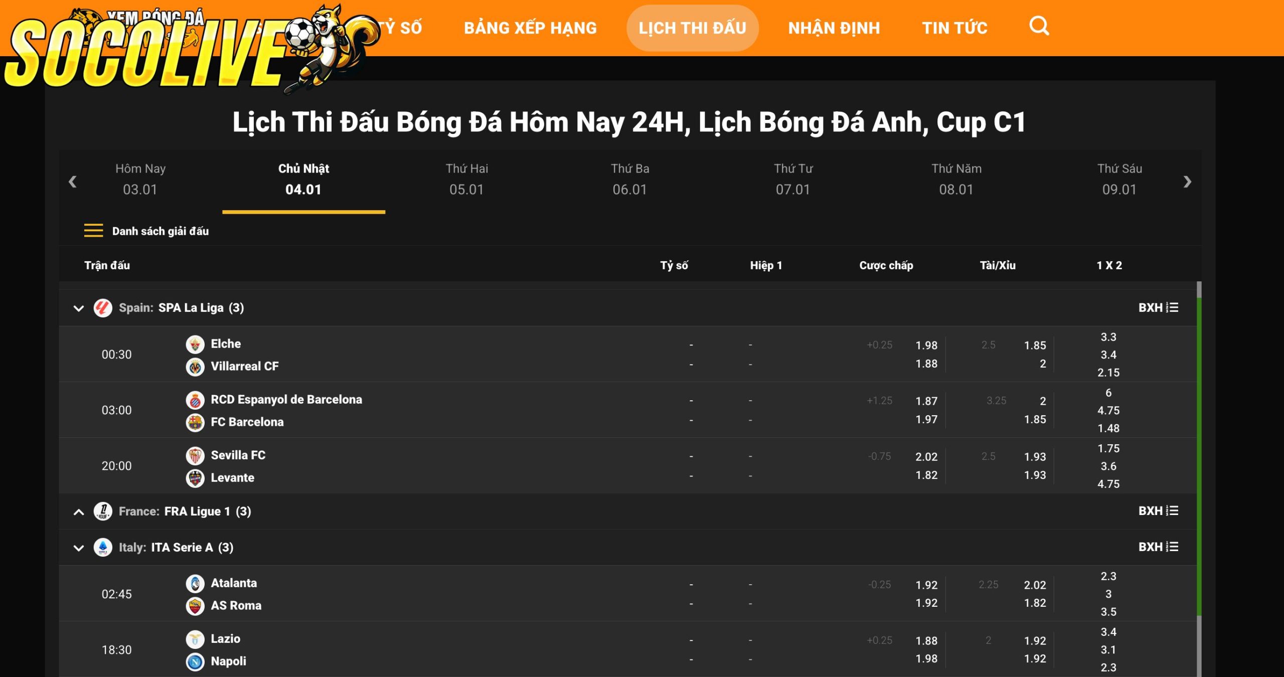Socolive thiết kế lịch thi đấu với bố cục rõ ràng